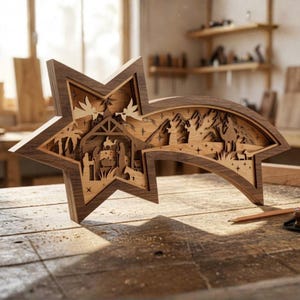 May include: A wooden star-shaped nativity scene with a layered design. The star is made of dark brown wood, with lighter wood used for the inner layers depicting the nativity scene. The scene includes figures, angels, and a landscape.