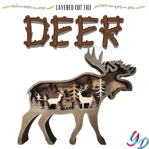 Multilayer 3D Deer Wooden Engraved Laser Cut File, Decoration Figurines Ornament Glowforge DIY Make Model, Svg Dxf Eps Jpg Pdf Png File