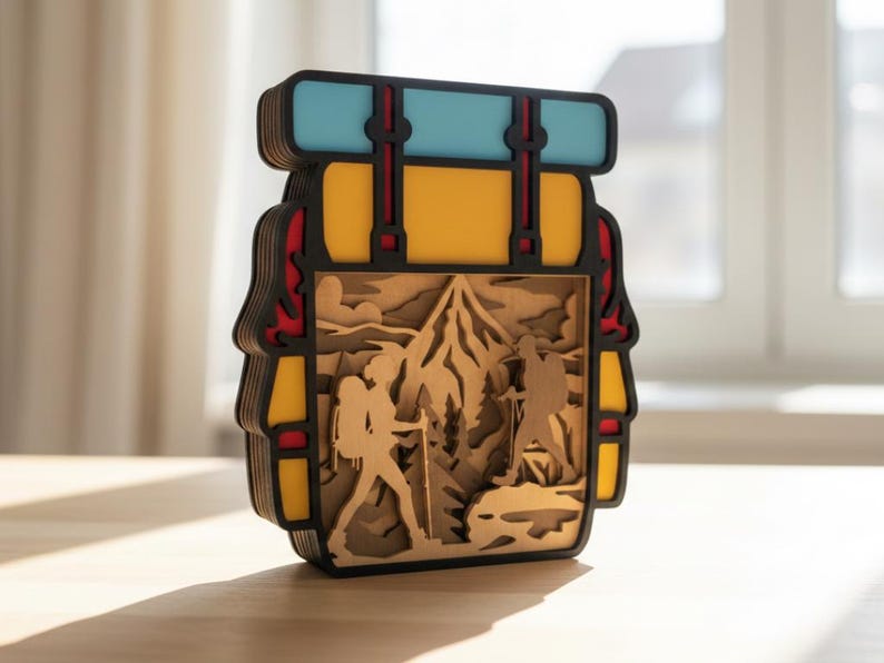 May include: A layered wooden art piece depicting a backpack with a mountain scene. The backpack has a yellow body, black trim, red accents, and a blue top. The interior shows hikers and trees.
