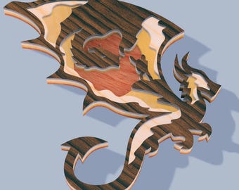 Fichier découpé au laser Dragon, ornement gravé multicouche (PDF SVG DXF)