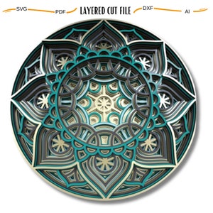 May include: A layered mandala design with intricate details in shades of teal, gold, and black. The design is perfect for creating a 3D layered paper craft.