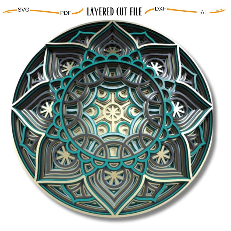 May include: A layered mandala design with intricate details in shades of teal, gold, and black. The design is perfect for creating a 3D layered paper craft.
