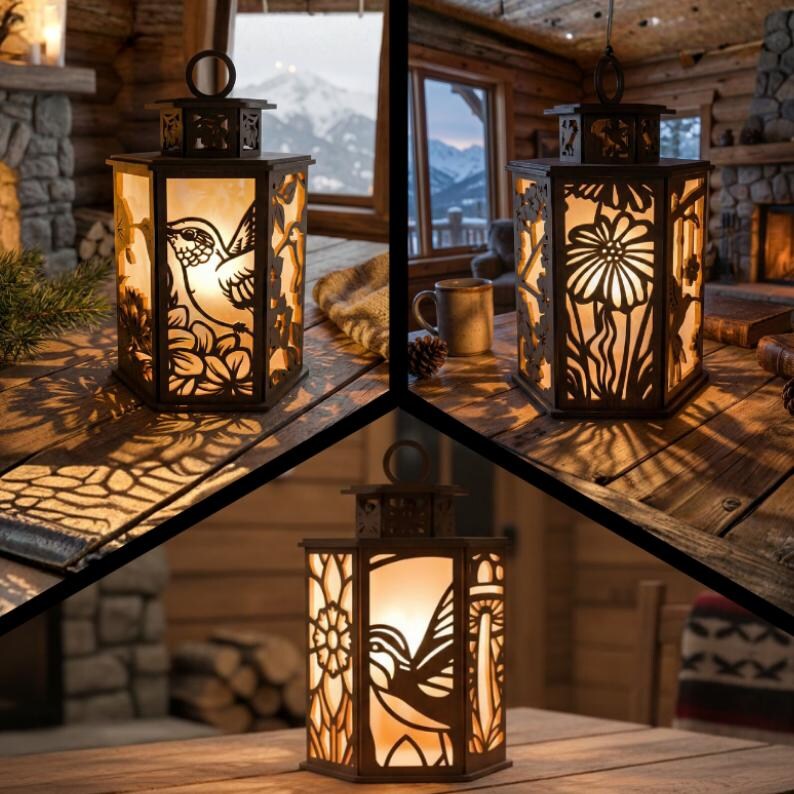 May include: Decorative metal lanterns with intricate cut-out designs. The lanterns feature hummingbird and floral patterns, casting decorative shadows. The warm interior glow contrasts with the dark metal frames. These lanterns are ideal for home decor.