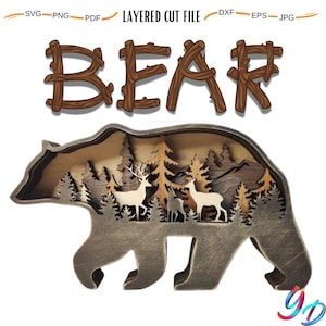 Wielowarstwowy 3D Niedźwiedź Drewniany Grawerowany Laserowo Cięty Plik, Figurki Dekoracyjne Ozdoba Glowforge DIY Zrób Model, Svg Dxf Eps Jpg Pdf Png Plik