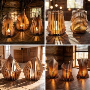 May include: A selection of wooden candle holders in different shapes. The candle holders are crafted from light-coloured wood with detailed cut-out patterns. Each holder contains a lit candle, emitting a warm glow. The overall theme is rustic and decorative.