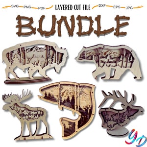 5x Bundle Wild Animals Multilayer 3D Wooden Engraved Laser Cut File, Decoration Ornament Glowforge DIY Make, Svg Dxf Eps Jpg Pdf Png File