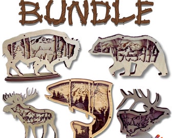 May include: A bundle of five layered cut file designs for laser cutting. The designs include a bison, a bear, a fish, a moose, and a deer. Each design features a mountain scene with trees and a sky. The designs are perfect for creating unique and personalized home decor.