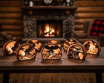 9x Pack 3D Eagle Wood Lantern Bundle Wild Life Cut File, Tealight Candle Holder Night Lamp Glowforge Animal, Silhouette Light Box Xtool File