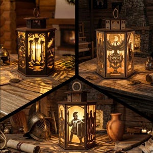 Peut inclure: Lanternes hexagonales en bois avec des motifs découpés complexes représentant des scènes romaines. Les lanternes, éclairées de l'intérieur, présentent des colonnes, des aigles et des soldats romains. La lueur chaleureuse crée une ambiance chaleureuse.