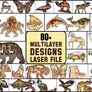 80+メガバンドル3D動物多層木製彫刻レーザーカットファイル、装飾オーナメントGlowforge Make、SVG DXF EPS JPG Pdf Png Xtoolファイル