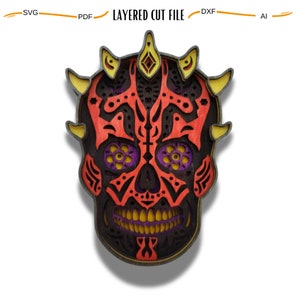 May include: A red, yellow, and purple layered wooden skull with intricate designs. The skull has horns and is in the style of a Day of the Dead sugar skull.
