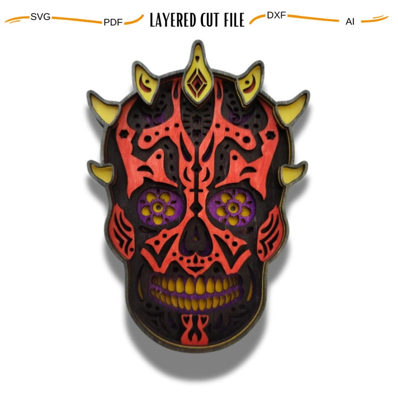 May include: A red, yellow, and purple layered wooden skull with intricate designs. The skull has horns and is in the style of a Day of the Dead sugar skull.