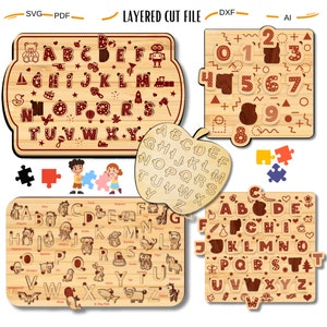 Paquete de 5 rompecabezas para niños, de madera 3D multicapa, con archivo cortado con láser grabado, juguetes para niños, rompecabezas Glowforge, letras del alfabeto, descarga instantánea