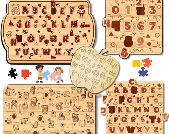 Puede incluir: Rompecabezas educativos de madera con letras, números e ilustraciones de animales. Los rompecabezas incluyen un tablero de alfabeto, un tablero de números y un tablero de alfabeto de animales. La imagen también incluye el texto "LAYERED CUT FILE".