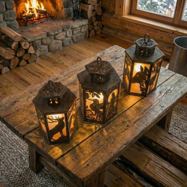 May include: Three rustic metal lanterns with intricate cut-out designs of animals and nature scenes. The lanterns are hexagonal, with a decorative top and a warm, inviting glow from the light inside. They sit on a weathered wooden table, creating a cozy, cabin-like atmosphere.
