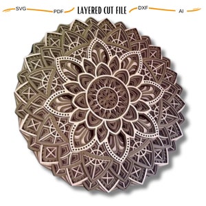 May include: A layered mandala design with intricate details, perfect for laser cutting. The design features a circular pattern with multiple layers of overlapping shapes, creating a 3D effect.