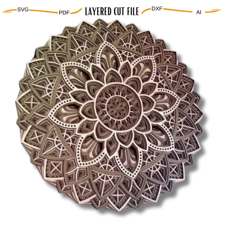 May include: A layered mandala design with intricate details, perfect for laser cutting. The design features a circular pattern with multiple layers of overlapping shapes, creating a 3D effect.
