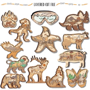 Könnte beinhalten: Ein Set mit 13 geschichteten Schnittdateien mit verschiedenen Tier- und Naturmotiven. Die Designs umfassen einen Bärenpfotenabdruck, einen Dinosaurier, einen Seestern, eine Kuh, ein Schwein, einen Hirsch, einen Wolf, einen Schmetterling, einen Bären, einen Adler, einen Löwen, eine Skibrille und einen Triceratops. Die Designs sind alle aufwendig und detailliert und eignen sich perfekt für eine Vielzahl von Bastelprojekten.