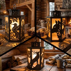 May include: Decorative black metal lanterns with cut-out designs of birds, deer, and other wildlife. The lanterns have a warm, glowing light inside, creating a cozy ambiance. Each lantern has a handle for hanging.