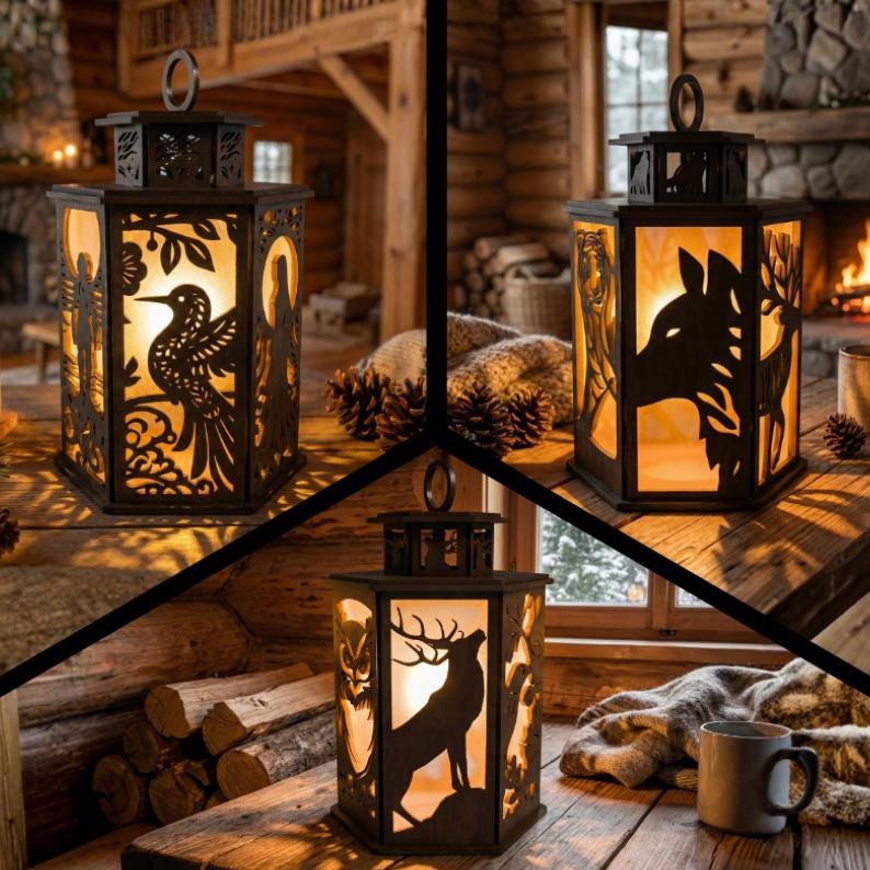 May include: Decorative black metal lanterns with cut-out designs of birds, deer, and other wildlife. The lanterns have a warm, glowing light inside, creating a cozy ambiance. Each lantern has a handle for hanging.
