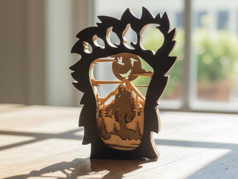 May include: A wooden laser-cut art piece featuring a bear paw silhouette frame. Inside, a layered scene depicts a mountain range, trees, a full moon, and a Bigfoot figure. The piece is made of light and dark brown wood.