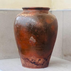 Jarra de terracota ucraniana antigua para confitar / Jarrón rústico de flores esmaltado imagen 1