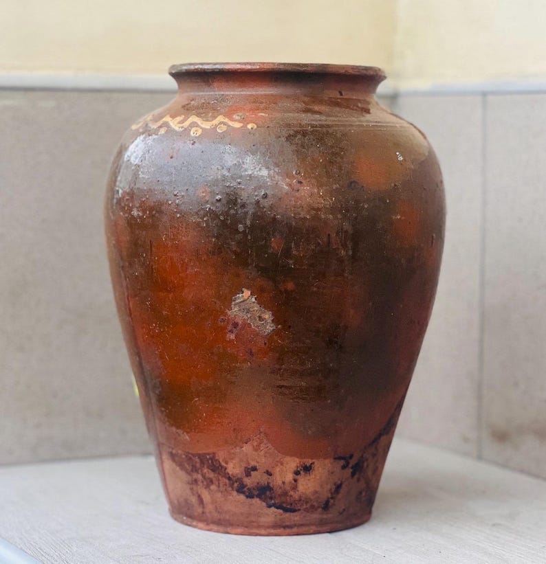 Jarra de terracota ucraniana antigua para confitar / Jarrón rústico de flores esmaltado imagen 1