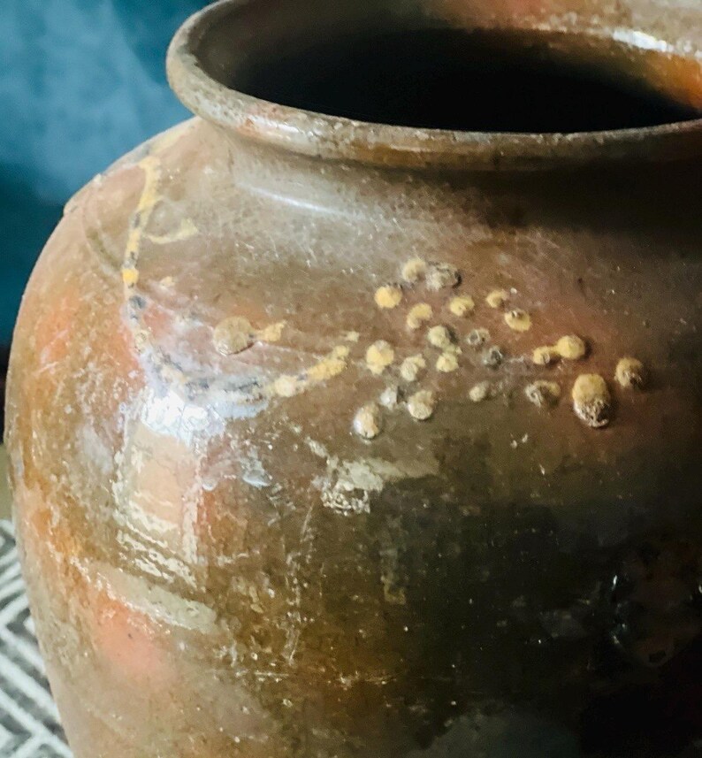 Jarra de terracota ucraniana antigua para confitar / Jarrón rústico de flores esmaltado imagen 14