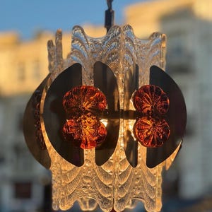Vintage kroonluchter in Murano-stijl: hanglamp van amberkleurig kristalglas