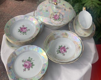 Vajilla vintage de porcelana Kahla: capullo de rosa rosa, 23 piezas, Alemania del Este