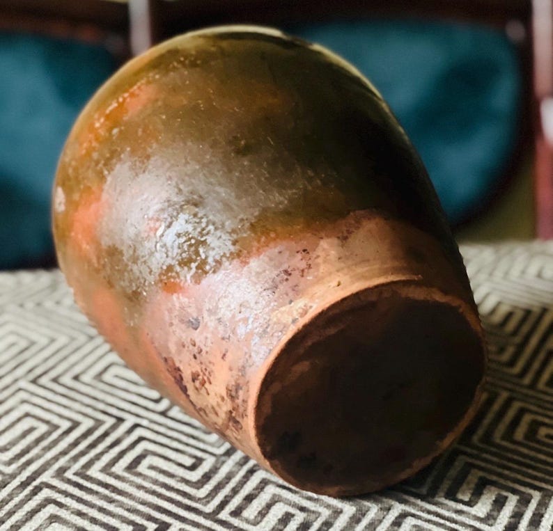 Jarra de terracota ucraniana antigua para confitar / Jarrón rústico de flores esmaltado imagen 12