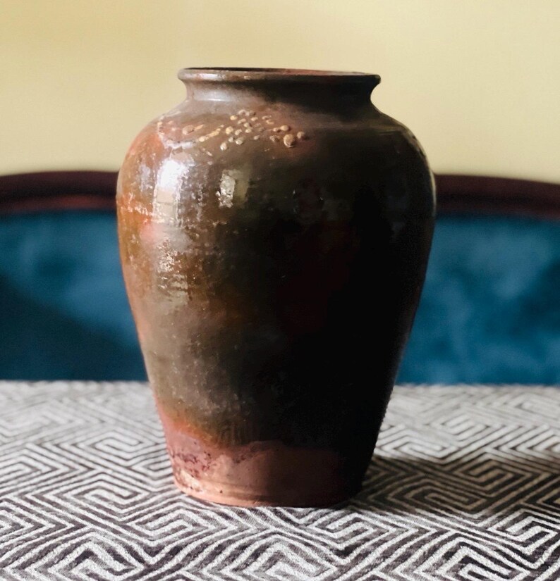 Jarra de terracota ucraniana antigua para confitar / Jarrón rústico de flores esmaltado imagen 13