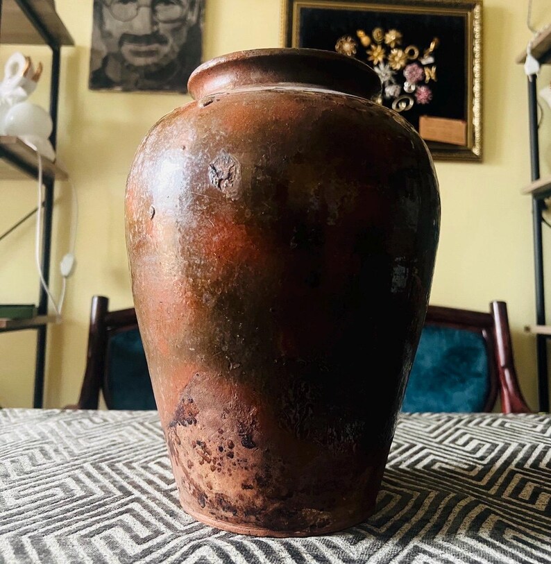 Jarra de terracota ucraniana antigua para confitar / Jarrón rústico de flores esmaltado imagen 15
