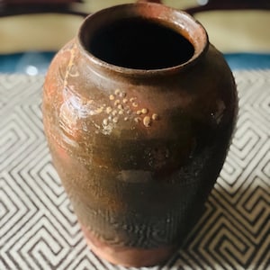 Jarra de terracota ucraniana antigua para confitar / Jarrón rústico de flores esmaltado imagen 2