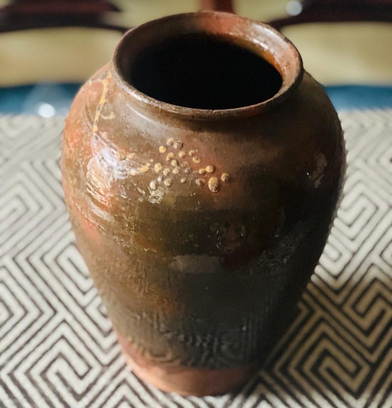 Jarra de terracota ucraniana antigua para confitar / Jarrón rústico de flores esmaltado imagen 2