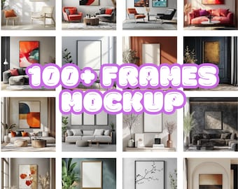 May include: A collage of 12 images showcasing different interior design mockups featuring various styles of picture frames. The frames are empty and ready to be customized with your own artwork or photos. The text "100+ FRAMES MOCKUP" is superimposed over the images.