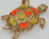 Florenza Orange & Yellow Enameled Turtle Brooch Tortoise Animal Figural Pin Vintage 1970s Designer Fashion Sea Ocean Beach Jewelry Gift Mom