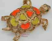 Florenza Orange & Yellow Enameled Turtle Brooch Tortoise Animal Figural Pin Vintage 1970s Designer Fashion Sea Ocean Beach Jewelry Gift Mom