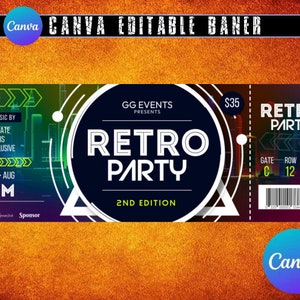 Szablon biletu na imprezę retro edytowalny, spersonalizowany prezent biletowy, pomysł na prezent niespodzianka w postaci wydrukowanych biletów, bilet na imprezę DIY, szablon Canva