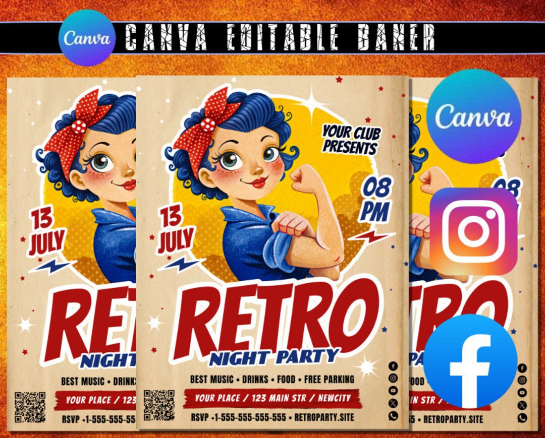 Retro Night Party Cartoon Style Flyer. Printable Party Flyer Template ...