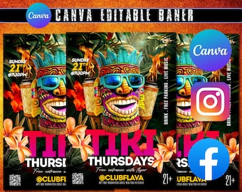 Tiki Bar Night Party Flyer. Printable Party Flyer Template. DIY Template Design. Canva Templates.