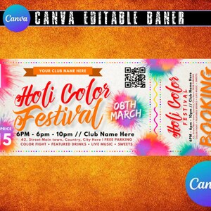 Szablon biletu do edycji na festiwal Holi, spersonalizowany prezent biletowy, pomysł na prezent w postaci niespodzianki w postaci wydrukowanych biletów, bilet na wydarzenie DIY, szablon Canva