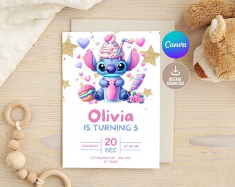 May include: A birthday invitation featuring a blue Stitch character from Lilo & Stitch holding a pink milkshake. The background is white with pink hearts, gold glitter stars, and a pink banner that says "Olivia is turning 5". The invitation also includes the date, time, and address for the party.