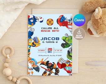 Bearbeitbare Rettung Bots Geburtstagseinladung, druckbare Rettung Bots Geburtstagseinladung, Bots Kindergeburtstagparty einladen, Optimus Geburtstag, Junge Bday