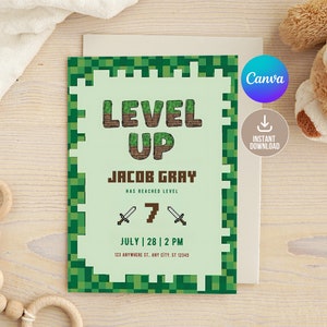 Editable Minecrafter Video Game Birthday Invitation Digital,Printable Minecrafter Birthday Party Invitation,Mine Invite Template,Video Game