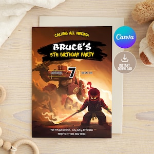 Invitación de cumpleaños editable Ninja Go, invitación de cumpleaños imprimible, invitación a fiesta de cumpleaños de Bricks Ninja Kids, permite fiesta ninjas, cumpleaños de niño