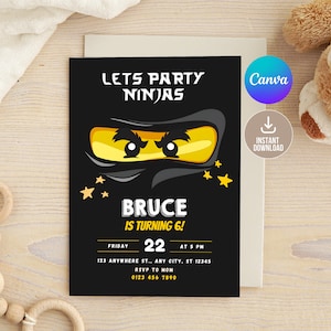 Bearbeitbare Black Ninja Go-Geburtstagseinladung, druckbare Geburtstagseinladung, Bricks Ninja Kids Birthday Party einladen, Lets Party Ninjas, Boy Bday