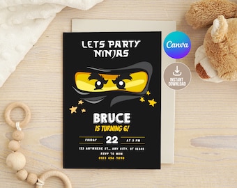 Editable Black Ninja Go Birthday Invitation,Printable Birthday Invitation,Bricks Ninja Kids Birthday Party Invite,Lets Party Ninjas,Boy Bday