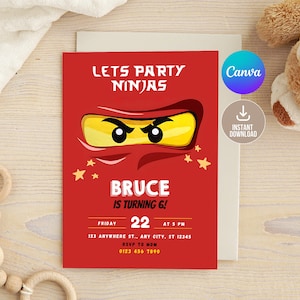 Bewerkbare rode Ninja Go verjaardagsuitnodiging, afdrukbare verjaardagsuitnodiging, Bricks Ninja Kids verjaardagsfeestje uitnodigen, Lets Party Ninjas, Boy Bday