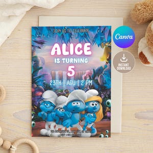 Convite de aniversário Smurf editável digital, convite para festa de aniversário Smurf para impressão, convite de aniversário de menina, festa de menina Smurf
